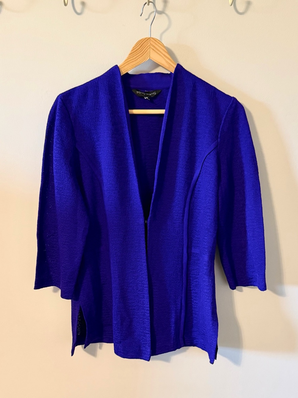 Ming Wang Textured Knit Open Front Jacket Cardigan Purple Blue M